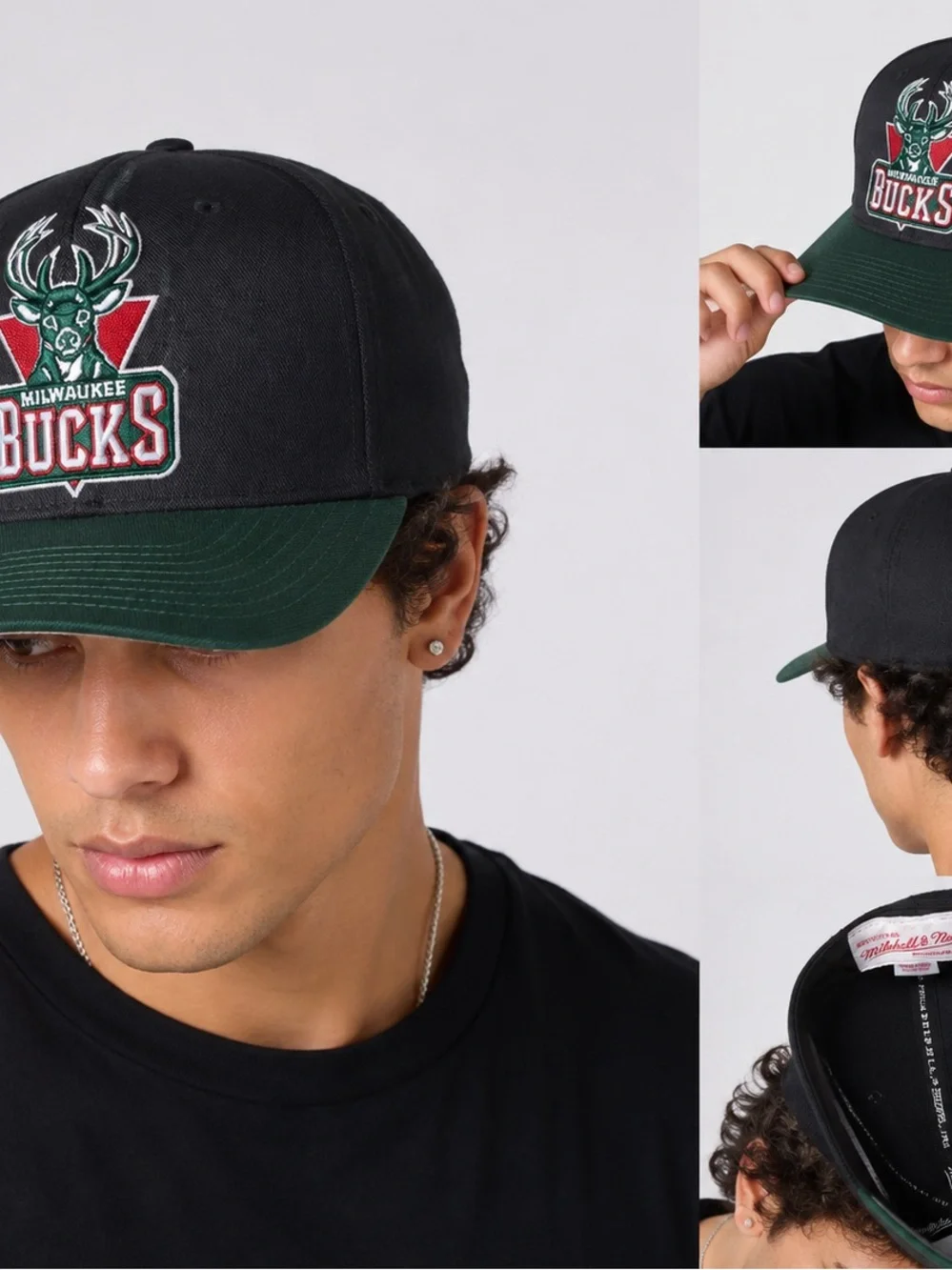 Mitchell & Ness Milwaukee Bucks Fitted Hat 7 1/2 60cm Black Green NBA Retro Logo